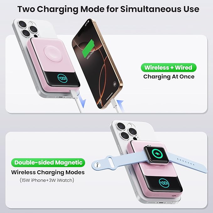 Magnetic Portable Charger for iPhone, 3-in-1 10800mAh Qi2 15W Wireless Power Bank with iWatch Charger,30W PD Fast Charging USB-C LCD Display Battery Pack for Magsafe,iPhone 16/15/14/13/12, Apple Watch