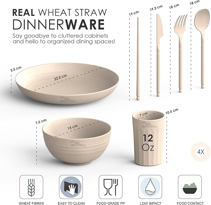 Wheat Straw Dinnerware Sets for 4 - Alternate To Plastic Dinnerware Set - Dishwasher Safe Microwave Plates - Lightweight Wheatstraw Dishes - Unbreakable Camping Plates & RV Dishes