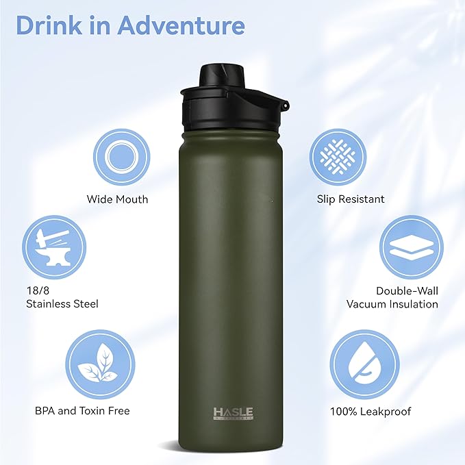 HASLE OUTFITTERS Insulated Water Bottle 22 oz Double Wall Stainless Steel Water Bottle Wide Mouth with Straw Lid & Spout Lid Keeps Cold or Hot(Army Green,1)