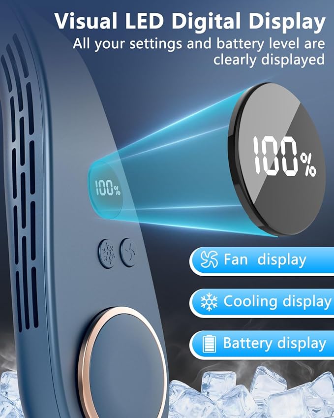 Neck Fan with Cooling Plate,5500mAh Neck Fans that Blow Cold Air Rechargeable Battery Operated,USB-C Bladeless Air Conditioner Cooling Plate AC Cooler,Quiet Head Wearable Hangs Around Neck Device Blue