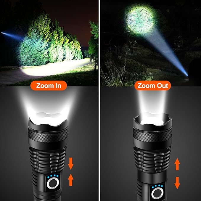 Rechargeable Flashlight High Lumen, Camping Essential Tactical Flash Light with 5 Modes, Adjustable Focus, LED Super Bright 150,000 Lumens Powerful Flashlight Rechargeable for Home & Emergencies