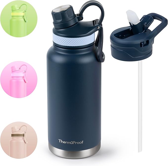 ThermoProof Double-Walled Vacuum Insulated Stainless Steel Water Bottle - Wide Mouth Canteen, Spout & Straw Lids, Dishwasher Safe, Reusable, Leakproof, Hot & Cold for Men, Women & Kids - 32oz, Navy
