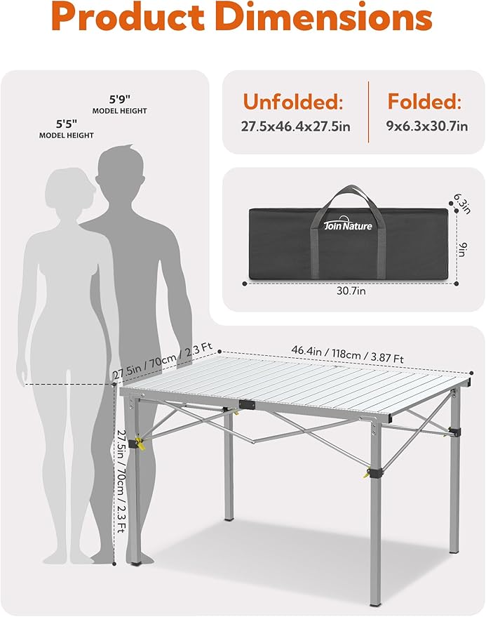 Large 46.4" Camping Table for 2-6 People - 220lbs Capacity Heavy Duty Foldable Outdoor Table with Aluminum Roll-Up Top & Carry Bag, Portable Picnic Desk for BBQ, Tailgating, Backyard (Silver)