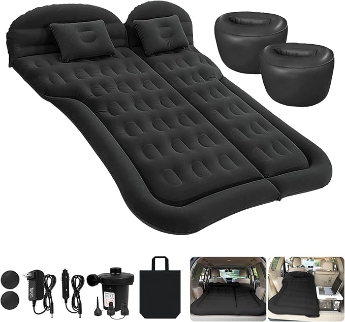 ISWEES Car Bed SUV Air Mattress, Car Air Mattress with Home Power Adapter, Electric Pump, 2 Inflatable Pillows and 2 Footrests for Back Seat, Side Seat,Trunk Sleeping, Thickened Camping Bed - Black
