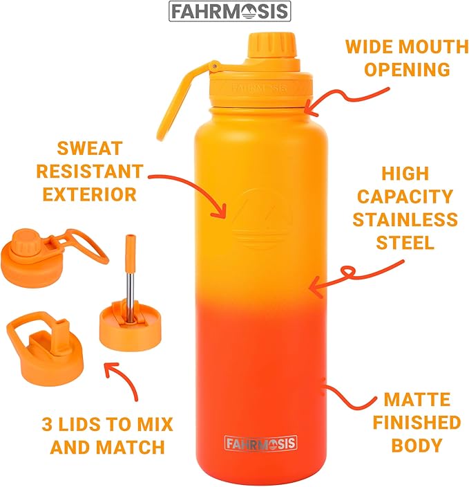 40 Oz Water Bottle with Straw Stainless Steel Sports Water Bottle with 3 Lids (Straw, Chug and Flip Lid) Insulated Leak Proof Metal Jug for Men & Women - Orange Fusion