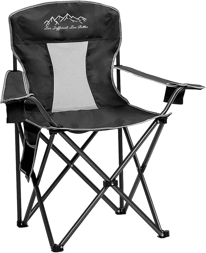 Mesh Folding Camping Chairs, Oversized Portable Outdoor Chairs, Weight Capacity 325 lbs with Cup Holder, Storage Pocket, Carry Bag Black