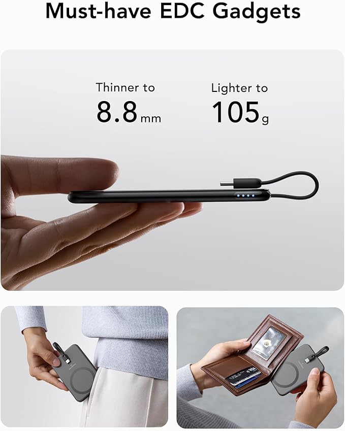 VEEKTOMX Slim Portable Charger, 5000mAh Lightweight Power Bank with Wired USB C Cable, Ultra Thin Battery Pack Compatible with iPhone 15/Plus/Pro/Pro Max/Samsung/Android(Non-Wireless Charging), Black