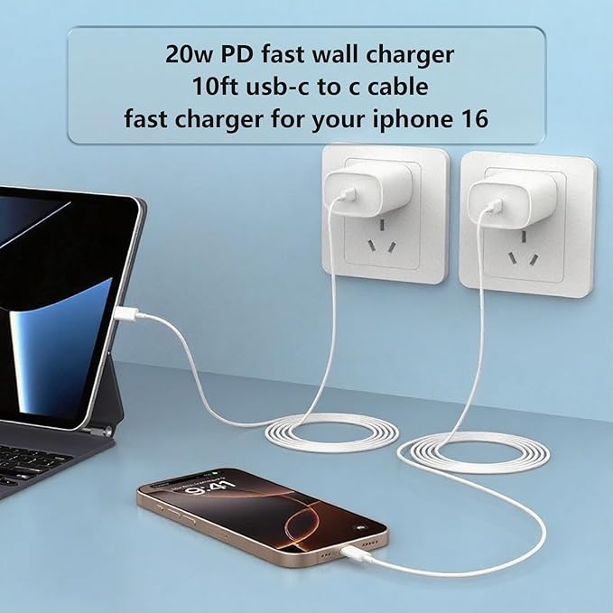 Charger for iPhone 17 Pro Max, iPhone 16 Pro Charger, i.Phone 15 Plus Fast Charging, i.Phone Charge Fast Charging, 20w USB-C Block & 10ft Type-C Cable, White 1 Pack