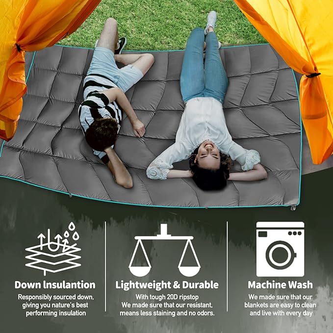 Outdoor Puffy Camping Blanket, Lightweight Down Alternative Puffy Printed Camping Large Ultra Warm Hammock Top Quilt Waterproof Blanket for Traveling Picnic Beach Party Cold Weather (Green Mountain)