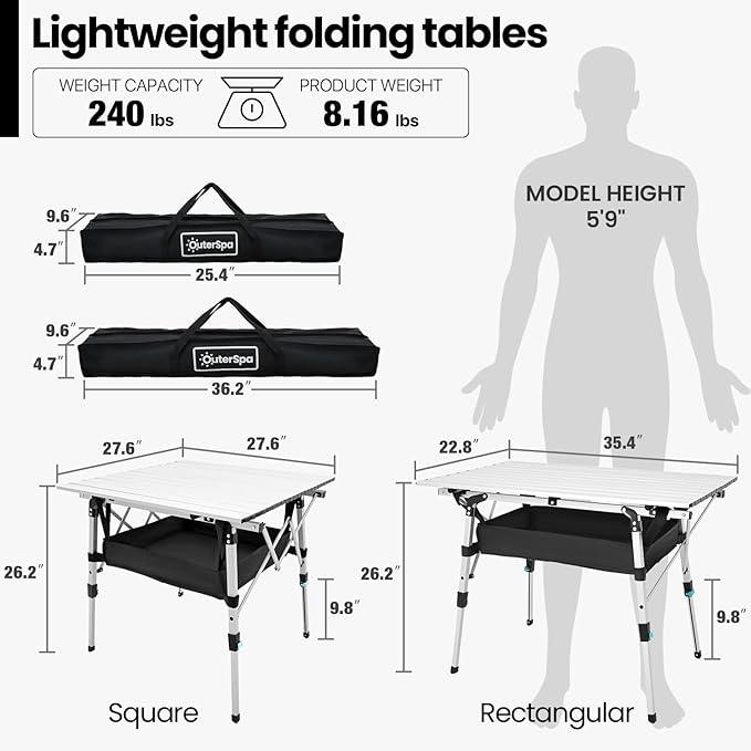 Portable Camping Table with Adjustable Legs, Lightweight Aluminum Folding Table Foldable Table for Outdoor Cooking, Picnic, Beach, Backyards, Square