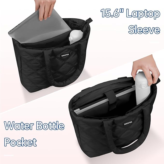 Puffer Tote Bag for Women, Quilted Bag with Zipper, Small Tote HandBags for Work, Travel