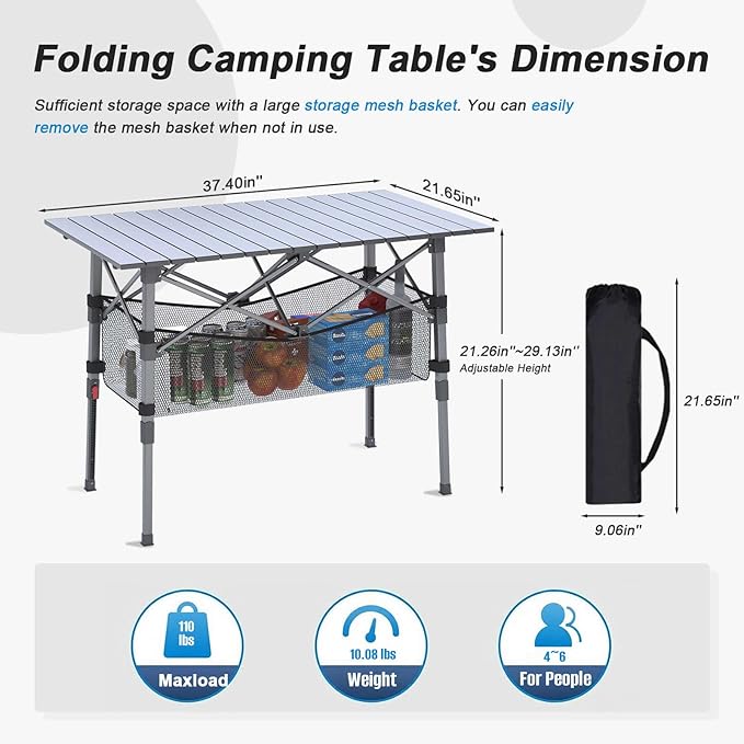 Portable Camping Table with Adjustable Height Legs, Lightweight Aluminum Roll-up beach tables for sand foldable，Folding Picnic Table Large Storage Basket for Outdoor camping (Black, Medium 37")