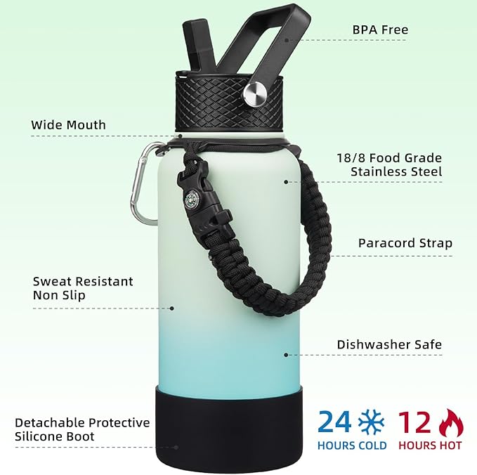 BJPKPK 32oz Insulated Water Bottles with 3 Lids, Paracord Handle & Non-slip Boot, Stainless Steel Metal Water Bottle,Reusable BPA Free Thermo, Tumblers, Mint