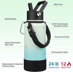 BJPKPK 32oz Insulated Water Bottles with 3 Lids, Paracord Handle & Non-slip Boot, Stainless Steel Metal Water Bottle,Reusable BPA Free Thermo, Tumblers, Mint