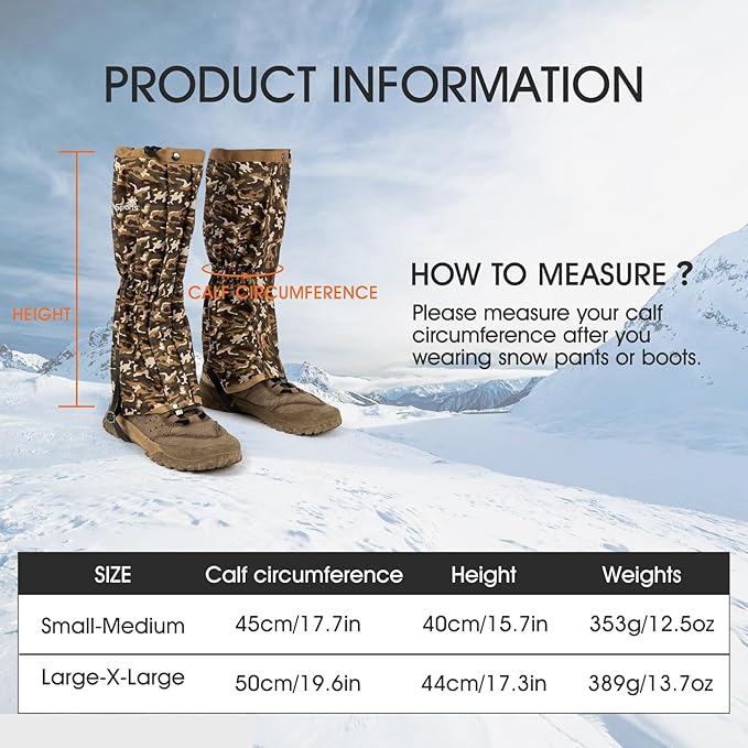 Waterproof Adjustable Leg Gaiters for Men and Women Snow Boot Gaiters for Hiking in Hunting Sand and Mud Mountain Climbing or Snowshoeing