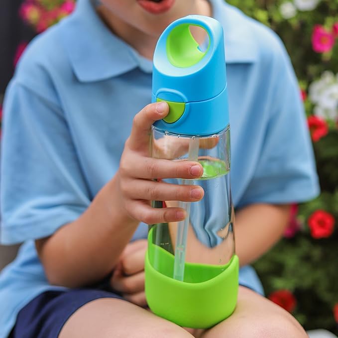 b.box Kids Water Bottle – 20oz Tritan Toddler Drink Bottle with Straw for School, Daycare, Travel w/Easy-Grip Triangular Design, Leak Proof Lid & Handle, BPA Free, Dishwasher Safe (Ocean Breeze)