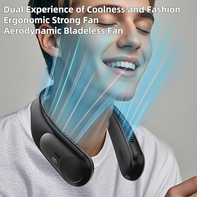 Portable Neck Fan,Personal Wearable Bladeless Fan,LED Display,4-Speeds,6000mAh USB Rechargeable,360° Strong Cooling Wind,Hands Free,Long Lasting,Birthday Gifts for Men Women Dad Mom (Black)