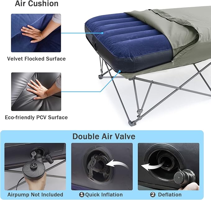 KAMPKEEPER Camping Cot,Camping Cots for Adults,Folding Camping Cot with Inflatable Air Mattress and Carry Bag,for Outdoor Travel Camp Beach Vacation (not Included The Airpump)