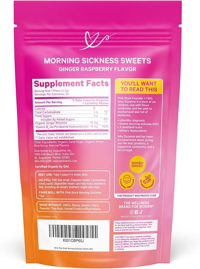 Pink Stork Morning Sickness Sweets, Organic Raspberry Ginger Candy with Vitamin B6, Support for Motion Sickness, Prenatal Heartburn - Pregnancy Must Haves - 30 Wrapped Drops