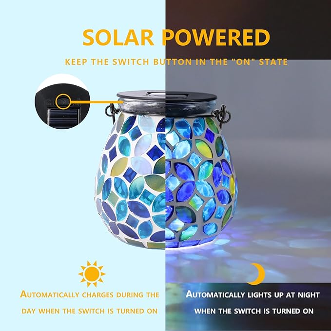 Afirst Mosaic Solar Lanterns Outdoor - Glass Hanging Solar Lights Hollow Out Waterproof Table Lamp Outdoor Decorative for Garden, Patio, Holiday Party Outdoor Decoration