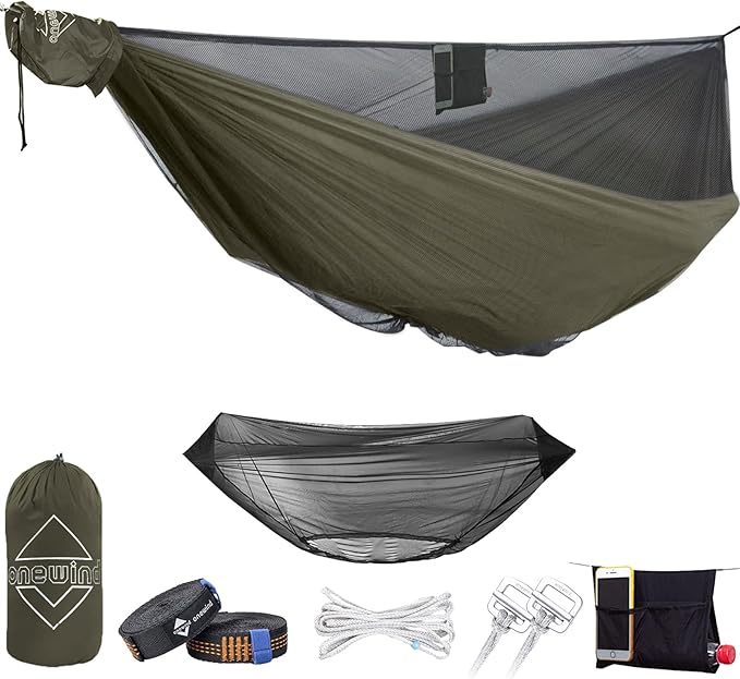 onewind 12Ft Camping Hammock with Mosquito Net, Ridgeline Double Hammock Portable Lightweight Large Hammock Ripstop Nylon Durable with 2 * 12Ft Tree Straps for Camping Hiking Backpacking, OD Green