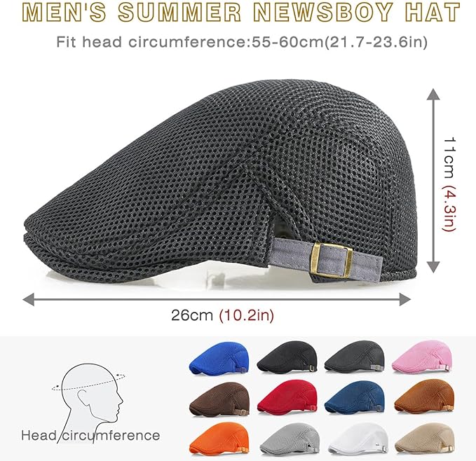2 Pack Men's Mesh Cap Breathable Summer Newsboy Hat Adjustable Beret Ivy Cap Irish Cabbie Driving Hunting Hats