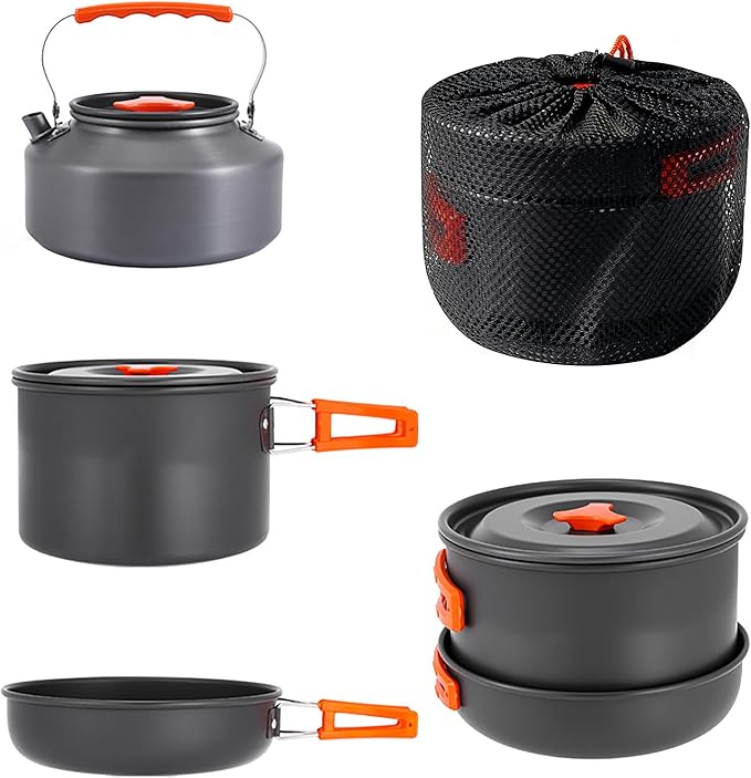 aiGear 3pcs Camping Cookware Mess Kit, Non-Stick Camping Pan Pot Kettle, Lightweight Aluminum, Collapsible Portable Camping Cooking Set for Outdoor Cooking Hiking Picnic