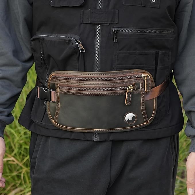 Polare Full Grain Leather Money Belt Hidden Passport Holder Wallet Travel Pouch with AirTag Slot Slim RFID Blocking Undercover Waist Bag