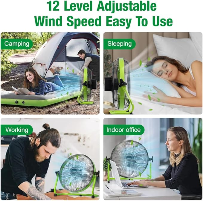 12'' Solar Powered Floor Fan Rechargeble,18000mAh Battery Operated Fan 5-Blade Solar Portable Outdoor Fan 360° Tilt for Outside, Greenhouse, Camping, Shed