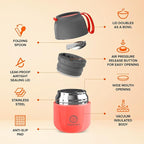 ENERGIFY Vacuum Insulated Food Jar. Large 12oz Bowl incl. Folding Spoon, Cup. Wide Mouth Keep Hot & Cold Drinks Soup Lunch Container for Adults. BPA-Free Stainless Steel, Leak Proof Fusion Coral