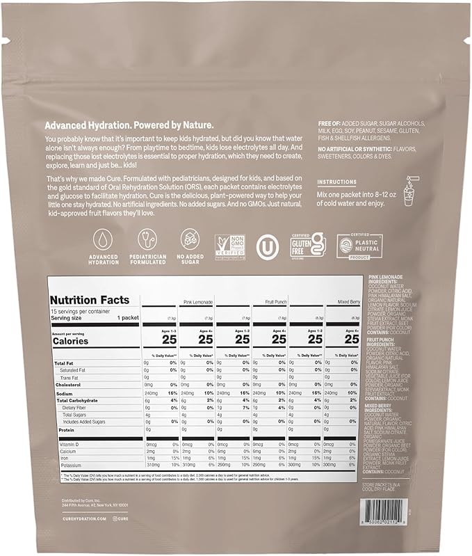Cure Hydration - Kids Electrolyte Drink Mix | Plant-Based Pediatrician Formulated Rehydration | No Added Sugar, FSA-HSA, Non-GMO, Gluten-Free, No Artificial Flavors | 15 Packets - Variety Pack