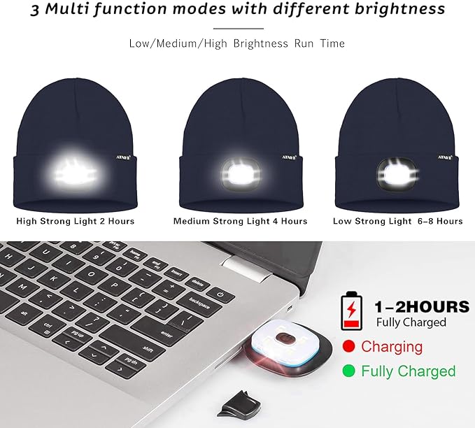 ATNKE LED Lighted Beanie Hat,USB Rechargeable 4 LED Running Headlamp Bright Cap with The Light Gifts for Men and Women