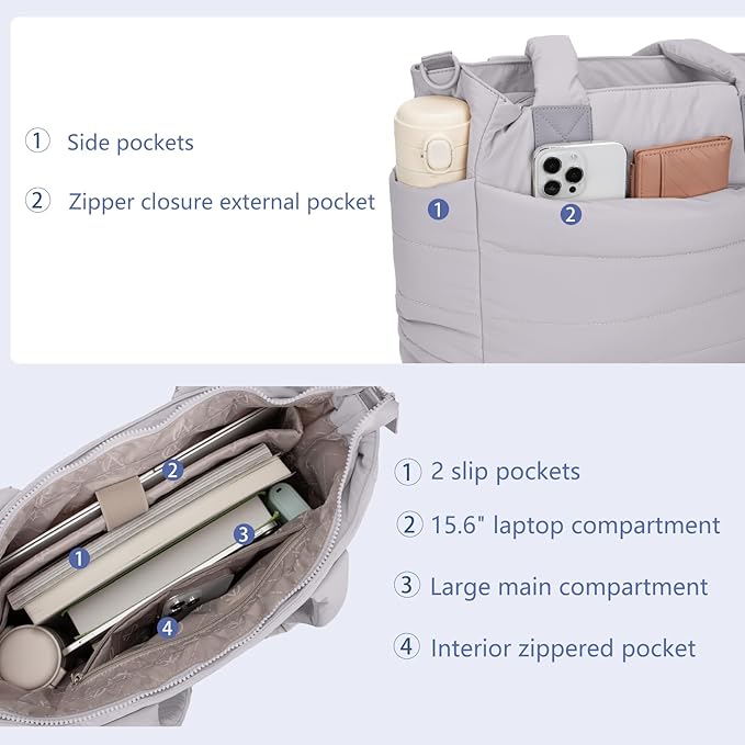 Tote Bag for Women Puffer Work Tote Handbag Large Quilted Nurse Bag with Zipper for Travel