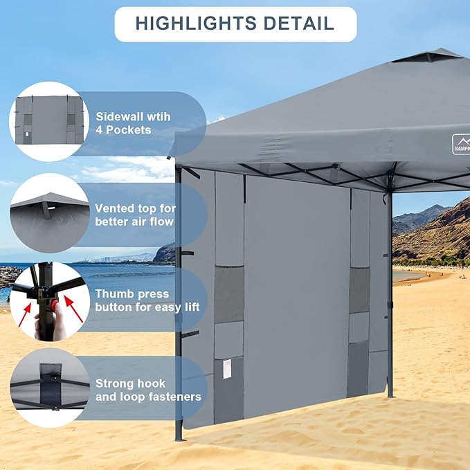 KAMPKEEPER 10x10 Pop Up Canopy Tent with Sidewall - Easy Setup Sun Shelter, Outdoor Shade with Vented Roof for Backyard | UV & Rain Portable Instant Camping Beach Canopy Tents (Dark Grey)