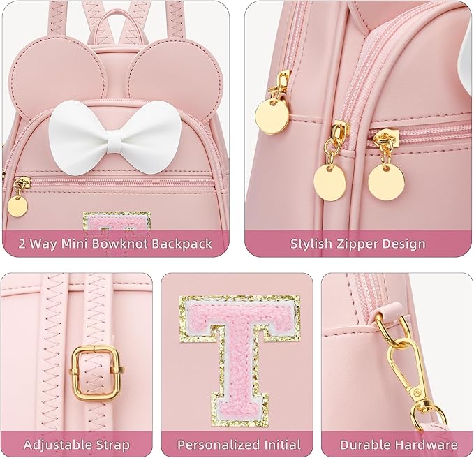 KKXIU Girls Initial Bowknot Cute Mini Backpack for Toddler, Travel Small Girl Backpacks, Personalized Birthday Gifts for Little Girls and Kids(T, Pink)