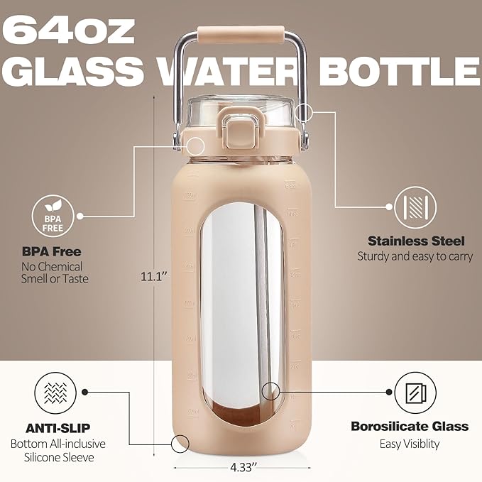 BLUEGO 64oz Water Bottle Glass with Stainless Steel Handle Large Water Bottle with Time Markers and Silicone Sleeve Half Gallon Water Jug BPA Free for Gym Daily Use, Amber