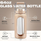 BLUEGO 64oz Water Bottle Glass with Stainless Steel Handle Large Water Bottle with Time Markers and Silicone Sleeve Half Gallon Water Jug BPA Free for Gym Daily Use, Amber