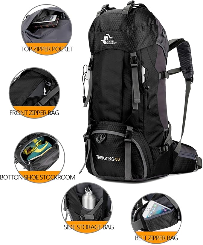 Bseash 60L Waterproof Hiking Camping Backpack with Rain Cover, Large Outdoor Sport Travel Daypack Rucksack for Climbing