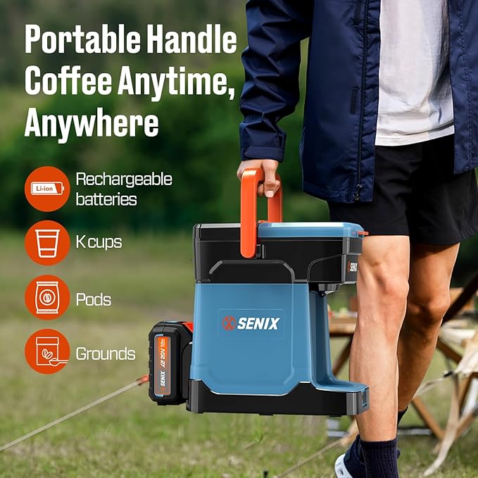 SENIX Coffee Maker Single Serve, Portable, 2-in-1 20V 5.0 Ah Battery, Charger & Power Cord, Compatible with K-Cups, Ground, Pods, 8oz Brew Size - for Travel, Camping, To-Go, Job Site, Home (CMX2-M4)