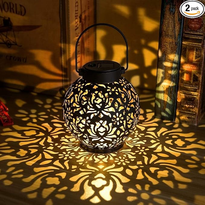 Outdoor Solar Hanging Lantern Lights Metal LED Decorative Lamp for Garden Patio Courtyard Lawn and Table with Hollowed-Out Design (Antique Bronze)