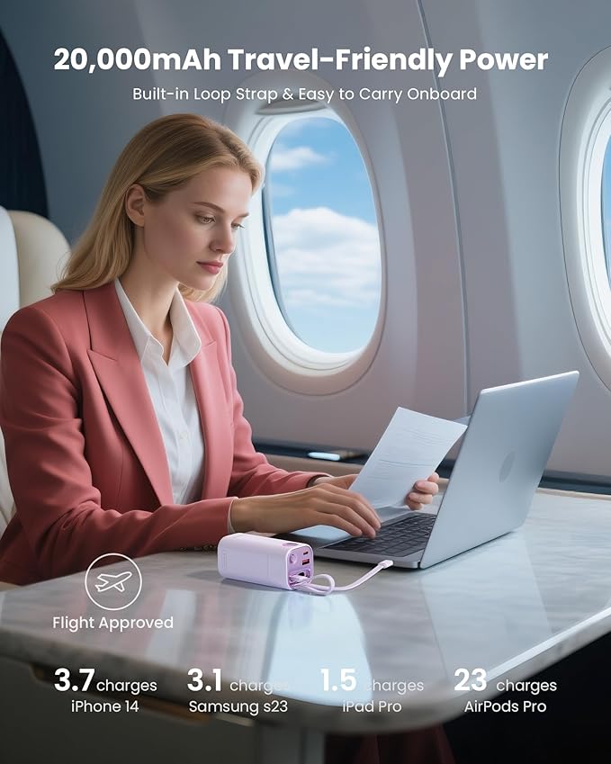 20,000mAh 35W Power Bank, Laptop Portable Charger USB C PD Fast Charging Battery Pack Digital Display for MacBook, iPad, iPhone 17/16, S24 Ultra, Steam Deck, Dell XPS and More (Light Purple)