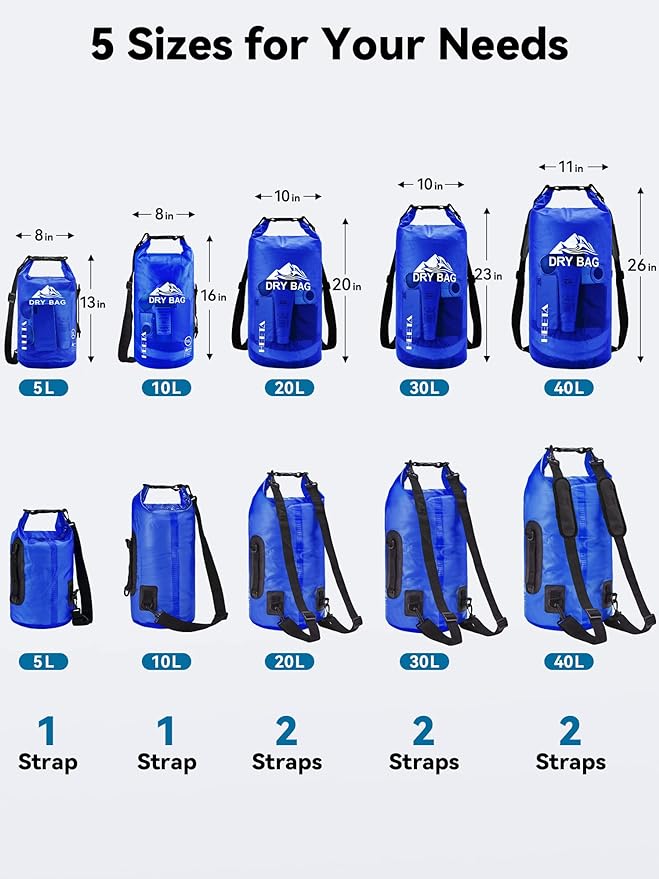 HEETA Dry Bag Waterproof for Women Men, 5L/10L/20L/30L/40L Roll Top Lightweight Dry Storage Bag Backpack with Phone Case for Travel Swimming Boating Kayaking Paddle Board Camping Beach Accessories