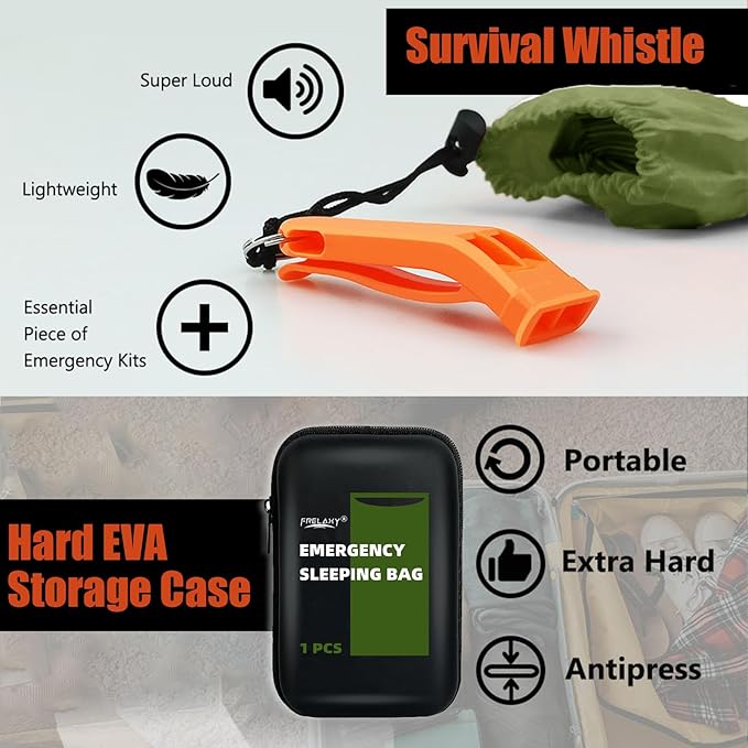 Frelaxy Emergency Sleeping Bag 1-Pack/2-Pack, Extra-Thick Compact Survival Bivy with Whistle, Storage Pouch, and EVA case, Perfect for Survival Kits (Army Green - 1 Pack)