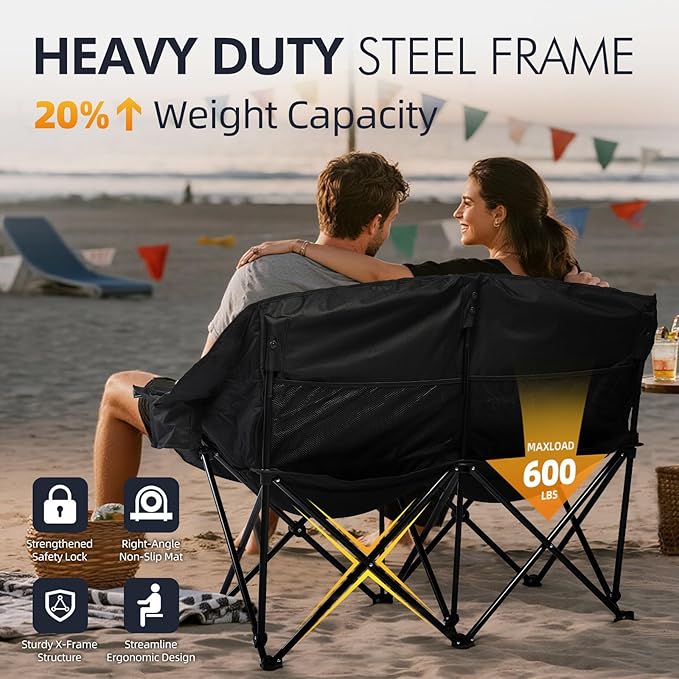Double Camping Chair Loveseat - 2 Person Oversized Camping Couch for Adults Padded Heavy Duty Outdoor Lawn Beach Portable Folding XL Chairs with Cup Holders and Carry Bag Support 600lbs, Black/Grey
