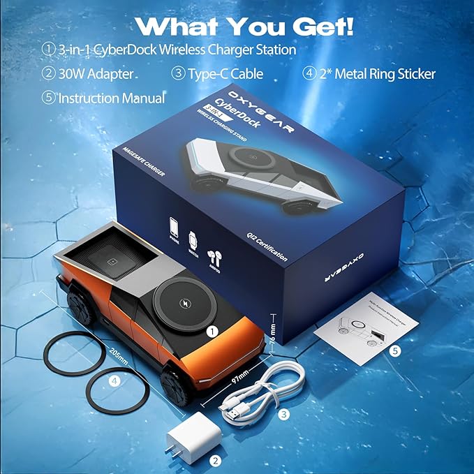 CyberDock 3-in-1 Wireless Charging Station for iPhone with Car Model 1:25 Scale, Qi2 Certified Mag-Safe Charger for iPhone iWatch AirPods, Rotating Charger with Ambient Light, 30W Adapter, Orange