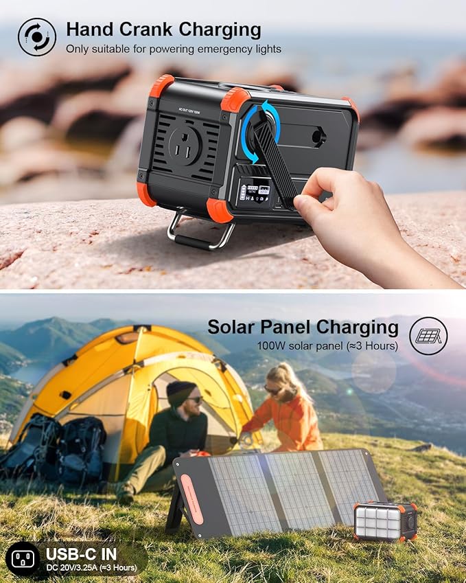 BROWEY Portable Power Station 153Wh Camping Small Solar Generator with Hand Crank 120V 150W AC Outlet Lithium Battery Power Bank, Wireless Charging Emergency Charger for Outdoor Travel Home Backup