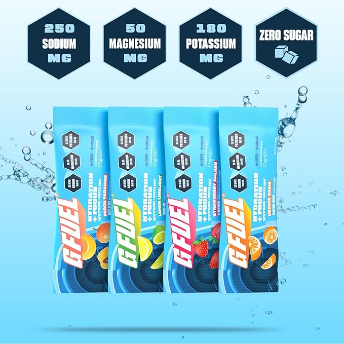 G Fuel Electrolytes Powder for Instant Hydration and Focus | Sugar Free Electrolytes Variety Pack of Lemon, Orange, Peach, Strawberry, Nootropic Drink Mixes to Sharpen Mental Focus, 12 Servings