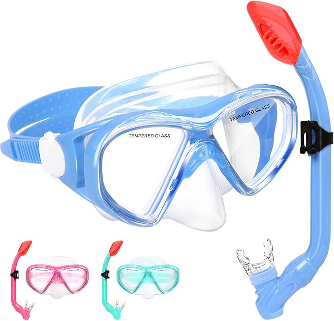Kids Snorkel Set Dry Top Snorkeling Gear for Kids Youth Boys Girls Junior Age 5-15,Tempered Glass Swimming Diving Mask and Snorkel Set 180 Degree Panoramic View