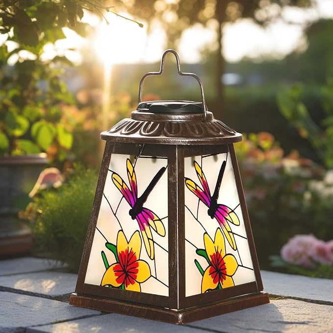 Solar Lantern with Shepherd Hook, Hanging Lantern with LED Lights, Outdoor Waterproof Solar Lanterns Metal Lamp Decoration Garden Patio Yard Pathway, Gifts for Mom Grandma Women, Dragonfly