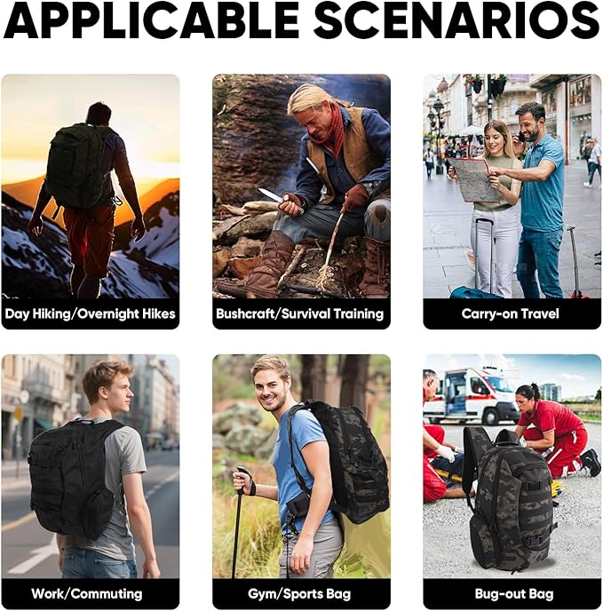 35L Tactical Backpack for Men, MOLLE Military Bug Out Bag, Waterproof Rucksack for Hiking with Hydration Port Balck CP